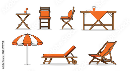 Modern wooden garden furniture vector set with patio chairs table and sun lounger in flat line art style