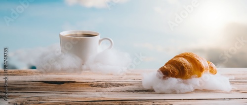 Coffee Cup Croissant Floating Separate Clouds Sky
