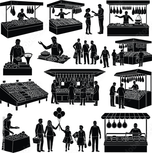 Black silhouette collection of outdoor market scenes featuring food stalls vendors and families shopping for produce silhouette shopping customer vegetables commercial community merchant