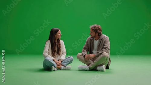 Green Screen Chat: Two individuals, engaged in an intimate conversation, sit opposite each other on a vibrant green backdrop, evoking a sense of connection and creativity.