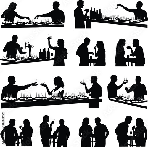 Set of black silhouette vector illustrations showing people socializing at a bar and dining at a buffet counter with silhouette restaurant socializing gathering hospitality drinking lifestyle