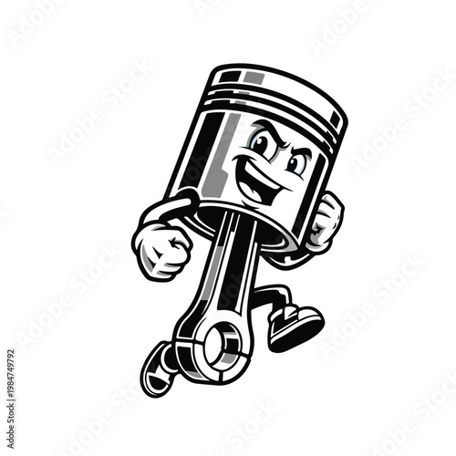 A stylized, cartoon piston mascot with arms and legs running energetically, depicted in a dynamic black and white illustration against a stark white background conveying determination