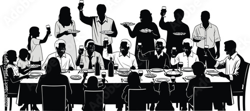 Silhouette illustration of a large group of people gathering around a long table for a formal dinner party and toasting with drinks silhouette toasting celebration gathering restaurant together