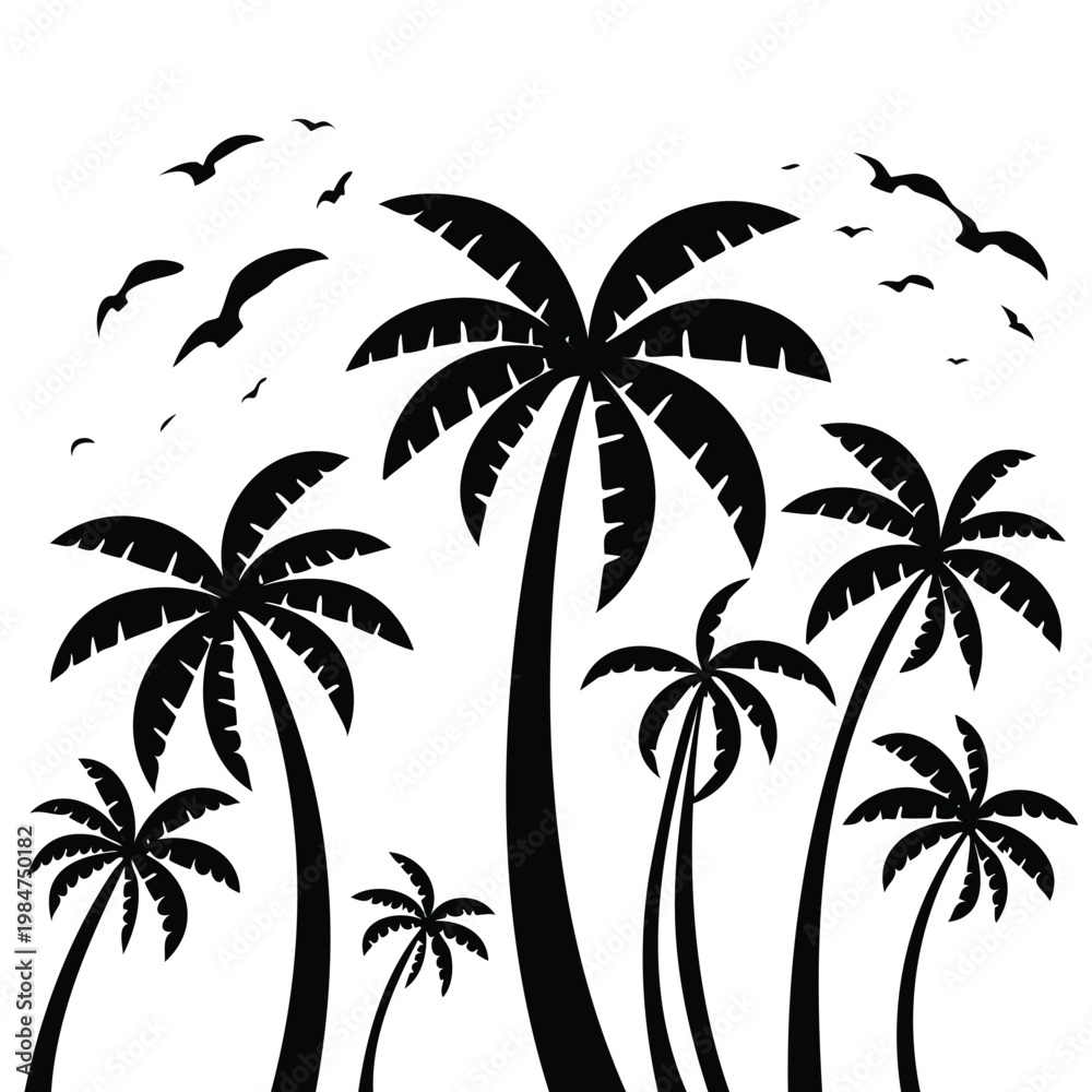 Fototapeta premium Silhouette of palm trees and flying birds on a white background