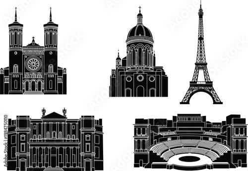 Iconic architectural silhouettes of european landmarks and historic city buildings including the eiffel tower and classical theaters for travel design with landmark building architecture silhouette