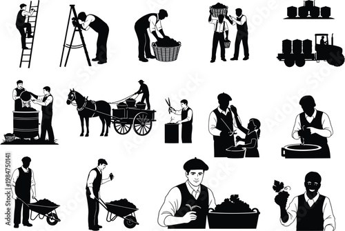 Black silhouettes of cellar workers and winemakers processing a grape harvest with wooden barrels ladders and horse drawn carts in a production facility silhouette winemaking wheelbarrow industry