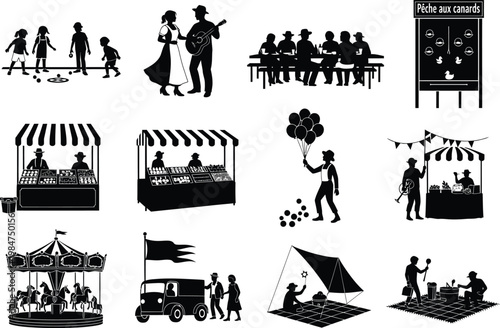 Large collection of silhouettes featuring fairground and carnival attractions including carousel rides market vendors musicians games and families at a picnic silhouette festival carnival carousel