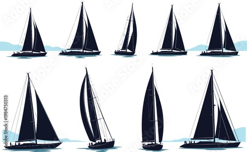 Set of minimalist sailboat silhouettes showing various sailing vessels on the water with different sail positions sailboat silhouette maritime nautical vacation recreation transport activity