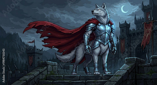 Pixel art wolf knight in silver plate armor with a red cape standing on a cliff under a full moon