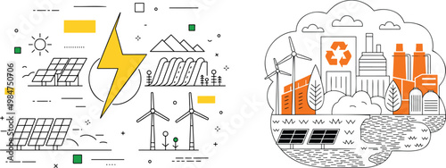 Modern outline illustrations represent renewable energy including solar panels and wind turbines alongside industrial pollution