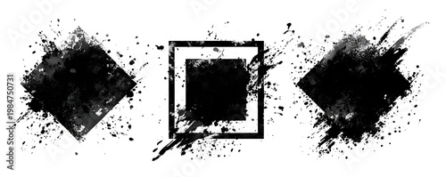Set of three black grunge ink splatters and frames on white background.