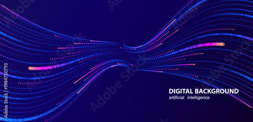 Artificial Intelligence lines banner. Ai perspective colorful stream dots lines waves on blue background. Speed sport technology concept with blurred design.