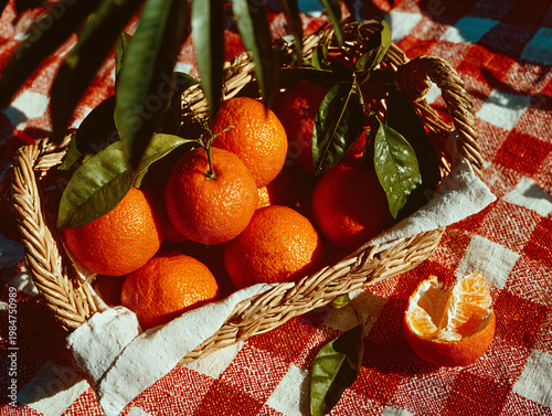 A wicker basket filled with fresh, sun-ripened oranges with green leaves, spilling onto a vibrant floral tablecloth, bathed in warm, dappled sunlight with a vintage film aesthetic.