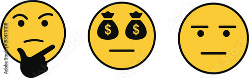 Three yellow emoji faces display distinct emotions thinking money minded and neutral expressions side by side