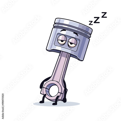 A tired cartoon piston mascot character leaning over with eyes closed and Z's indicating sleep against a clean white background, conveying exhaustion