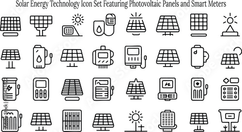 Comprehensive icon set showcasing various elements of solar energy technology and smart power systems