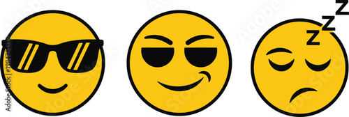 Three yellow emoticons expressing different emotions cool winking and sleeping displaying facial expressions