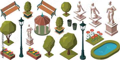 Urban park isometric landscape elements set with benches, statues, lakes and trees, modern city outdoor environment flat vector illustration isolated