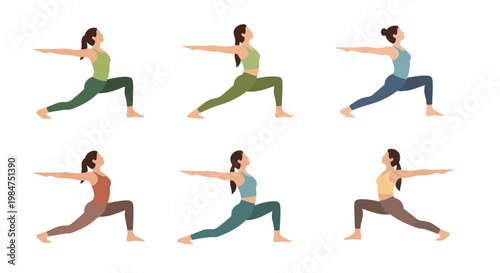 A clean flat illustration set of a person in a "Warrior II" pose, simple organic shapes, no stroke, isolated on a pure white background.