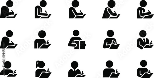 Black silhouette icons of people writing in notebooks journals and taking notes set with notebook