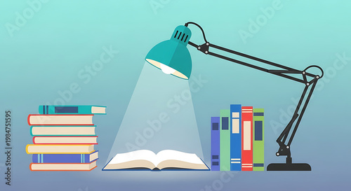 A desk lamp shines light on an open book surrounded by stacks of colorful books