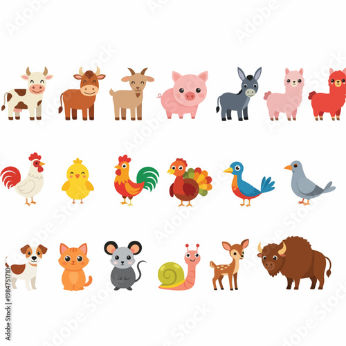 A variety of farm and domestic animals are gathered together in a colorful scene.
