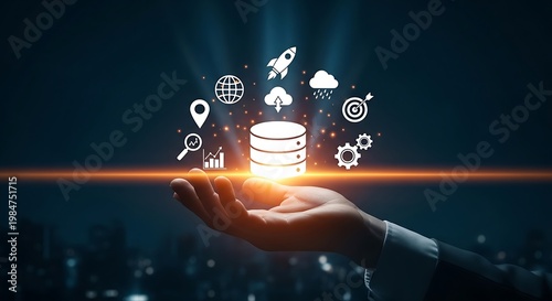 Hand holding glowing database with business technology and cityscape