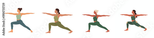 A modern flat illustration series of a person holding the Warrior II yoga pose, created with soft organic shapes, no stroke, set against a pure white background.