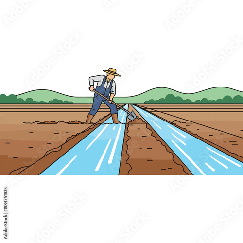 A farmer applies irrigation to rows of soil in a field with hills.