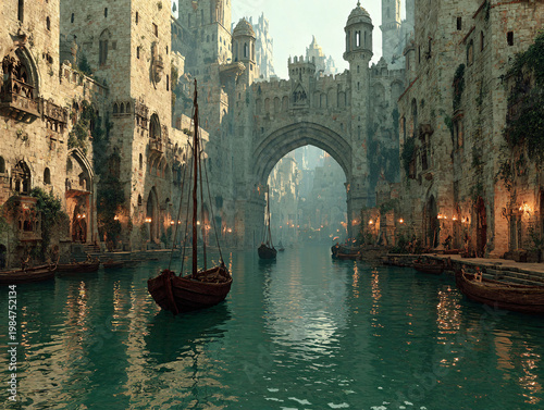 A magical medieval canal city with stone buildings, a grand arch bridge, towering gothic cathedrals, and wooden boats floating on calm, reflective water at golden hour.