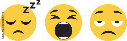 Three yellow emoticons expressing different emotions sleepy yawning and sadness representing human feelings