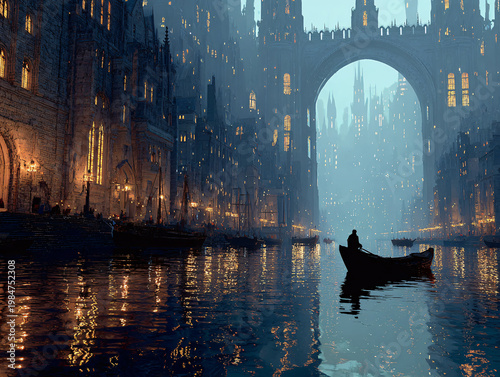A magical medieval canal city with stone buildings, a grand arch bridge, towering gothic cathedrals, and wooden boats floating on calm, reflective water at golden hour.