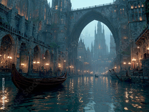 A magical medieval canal city with stone buildings, a grand arch bridge, towering gothic cathedrals, and wooden boats floating on calm, reflective water at golden hour.