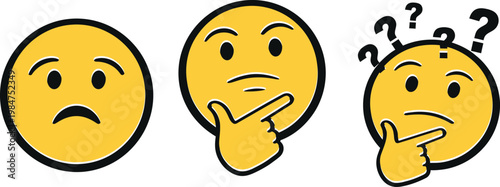 A sequence of three yellow emoticons depicts a progression of emotional states from sadness to contemplation to confusion