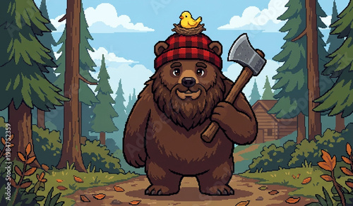 Cute pixel art lumberjack brown bear holding an axe with a bird on its plaid hat in a forest