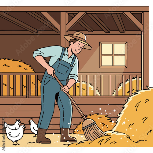 Man raking hay in a barn with chickens nearby outside