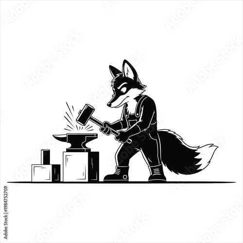 Cartoon wolf character working as blacksmith with hammer and anvil