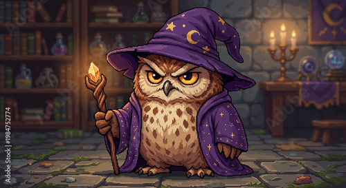 Pixel art owl wizard holding a magic staff in a stone library