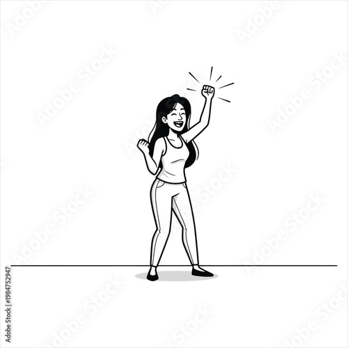 Cartoon woman with long hair celebrating with one arm raised high