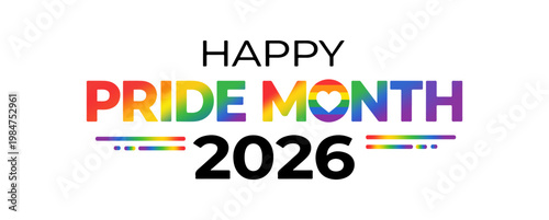 Happy pride month 2026 text isolated with lgbtqia rainbow flag logo typography banner and heart vector design