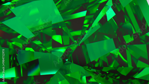 Foto Emerald Gemstone Facets – Abstract Green Crystal Background, Radiant emerald crystal close-up with sharp prismatic facets; vibrant green abstract texture for luxury branding, posters, and web design