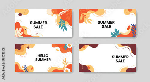 Set of four colorful summer sale and hello summer banner templates with abstract organic shapes and botanical leaves in orange, blue, and brown.
