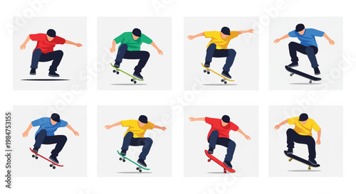 A flat vector design set of a skateboarder doing an "Ollie," simplified shapes, no outlines, street-style aesthetic, isolated on a pure white background.