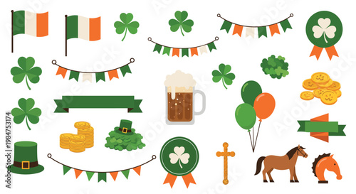 Comprehensive collection of Saint Patrick Day design elements including shamrocks, Irish flags, gold coins, beer, and decorations on white.