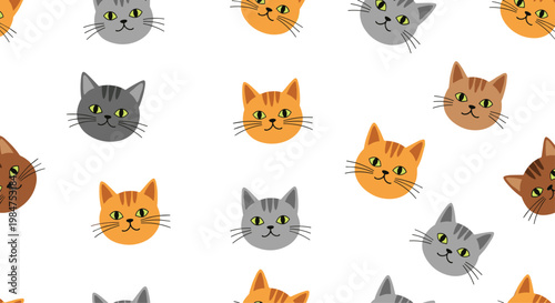 Adorable seamless pattern of diverse cartoon cat faces in orange, grey, and brown colors on a white background for pet supplies and nursery decor.