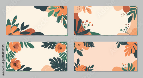 Collection of four horizontal floral banners with abstract organic shapes, flowers, and leaves in earthy and vibrant tones.