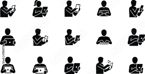 Set of minimalist silhouette icons depicting people interacting with tablets and mobile devices