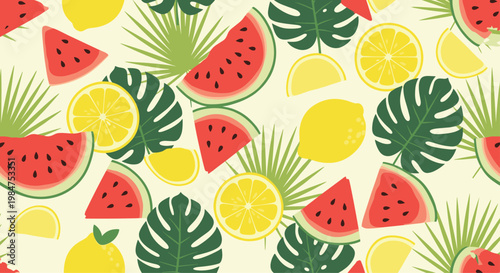 Refreshing summer seamless pattern with watermelon slices, lemon halves, and lush tropical green leaves on light paper.
