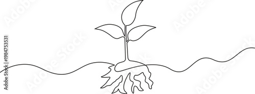 Minimalist one line drawing of young sprouting plant – elegant continuous line art symbolizing growth, nature, sustainability, and renewale