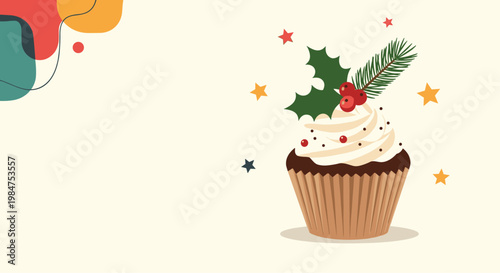 Festive holiday cupcake illustration decorated with creamy white frosting and traditional holly leaves with red winter berries.